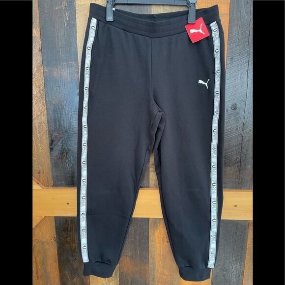 New with tags Puma Refined Elevated Logo Tape Sweatpants,black/puma white size L - Picture 1 of 9